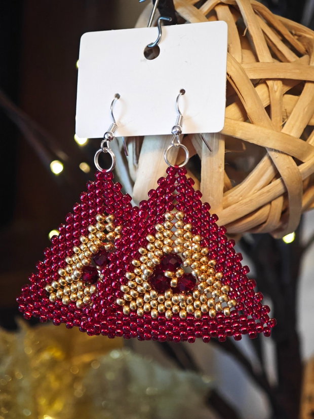 Cercei unicat rosu - auriu din mărgele sticla Cehia și cristale Swarovski