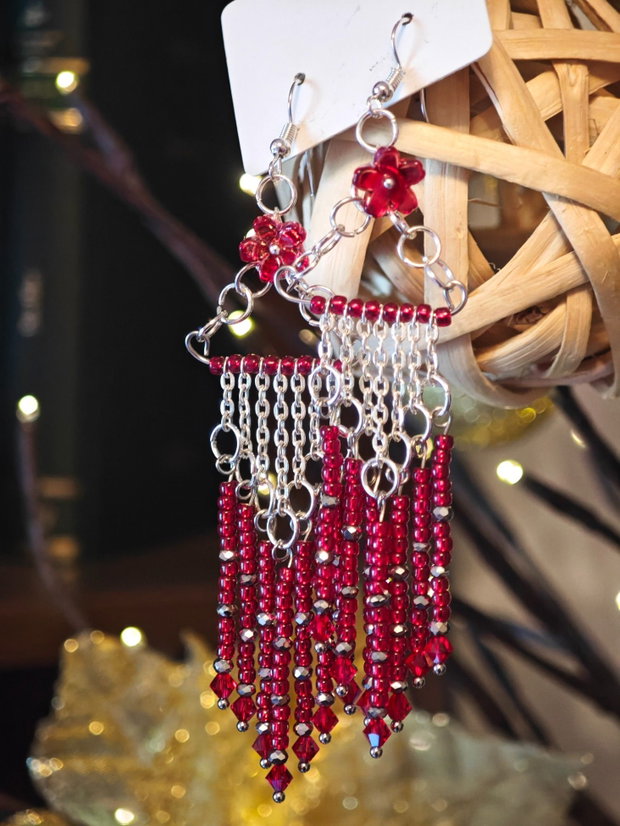 Cercei unicat lungi rosu din mărgele sticla Cehia și cristale Swarovski