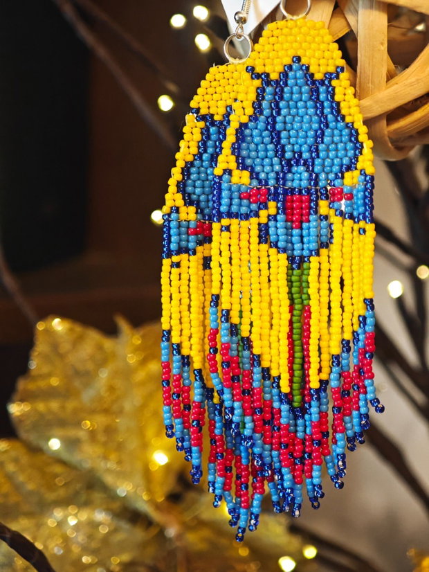 Cercei unicat lungi floare iris albastru - galben din mărgele sticla Cehia