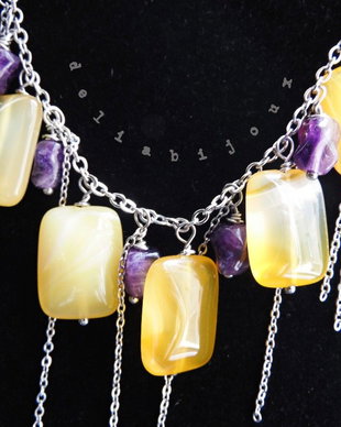 Colier Handmade cu Agate Galbene și Ametist Natural  Colier Statement din Inox cu Pietre Semiprețioase (cod1445)