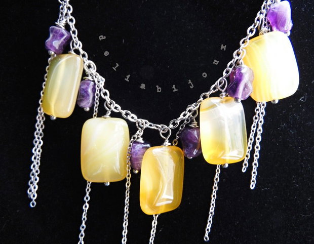 Colier Handmade cu Agate Galbene și Ametist Natural  Colier Statement din Inox cu Pietre Semiprețioase (cod1445)