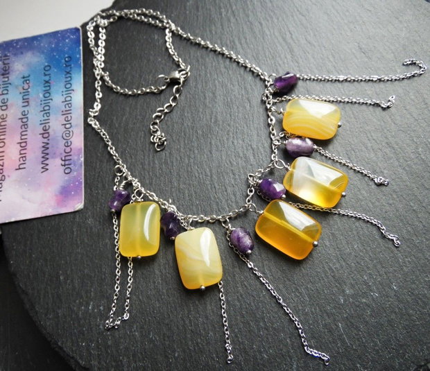 Colier Handmade cu Agate Galbene și Ametist Natural  Colier Statement din Inox cu Pietre Semiprețioase (cod1445)