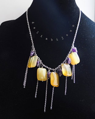 Colier Handmade cu Agate Galbene și Ametist Natural  Colier Statement din Inox cu Pietre Semiprețioase (cod1445)