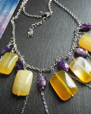 Colier Handmade cu Agate Galbene și Ametist Natural  Colier Statement din Inox cu Pietre Semiprețioase (cod1445)