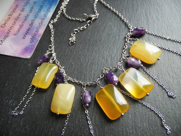 Colier Handmade cu Agate Galbene și Ametist Natural  Colier Statement din Inox cu Pietre Semiprețioase (cod1445)