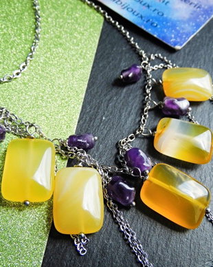 Colier Handmade cu Agate Galbene și Ametist Natural  Colier Statement din Inox cu Pietre Semiprețioase (cod1445)