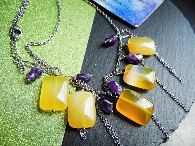 Colier Handmade cu Agate Galbene și Ametist Natural  Colier Statement din Inox cu Pietre Semiprețioase (cod1445)
