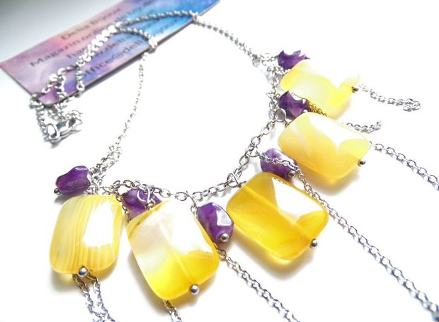 Colier Handmade cu Agate Galbene și Ametist Natural  Colier Statement din Inox cu Pietre Semiprețioase (cod1445)