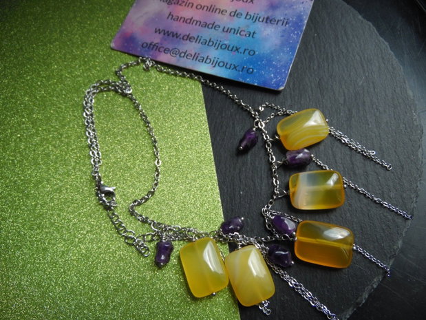 Colier Handmade cu Agate Galbene și Ametist Natural  Colier Statement din Inox cu Pietre Semiprețioase (cod1445)