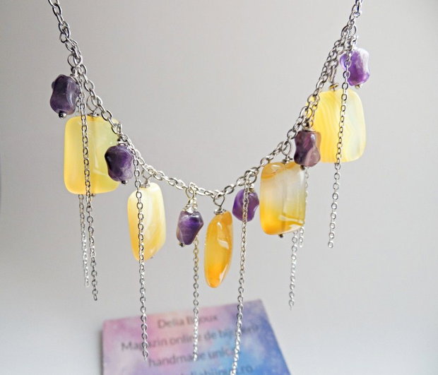 Colier Handmade cu Agate Galbene și Ametist Natural  Colier Statement din Inox cu Pietre Semiprețioase (cod1445)
