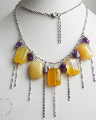 Colier Handmade cu Agate Galbene și Ametist Natural  Colier Statement din Inox cu Pietre Semiprețioase (cod1445)