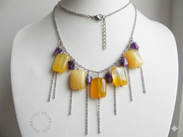 Colier Handmade cu Agate Galbene și Ametist Natural  Colier Statement din Inox cu Pietre Semiprețioase (cod1445)