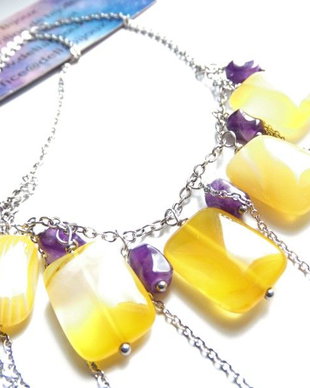Colier Handmade cu Agate Galbene și Ametist Natural Colier Statement din Inox cu Pietre Semiprețioase (cod1445)