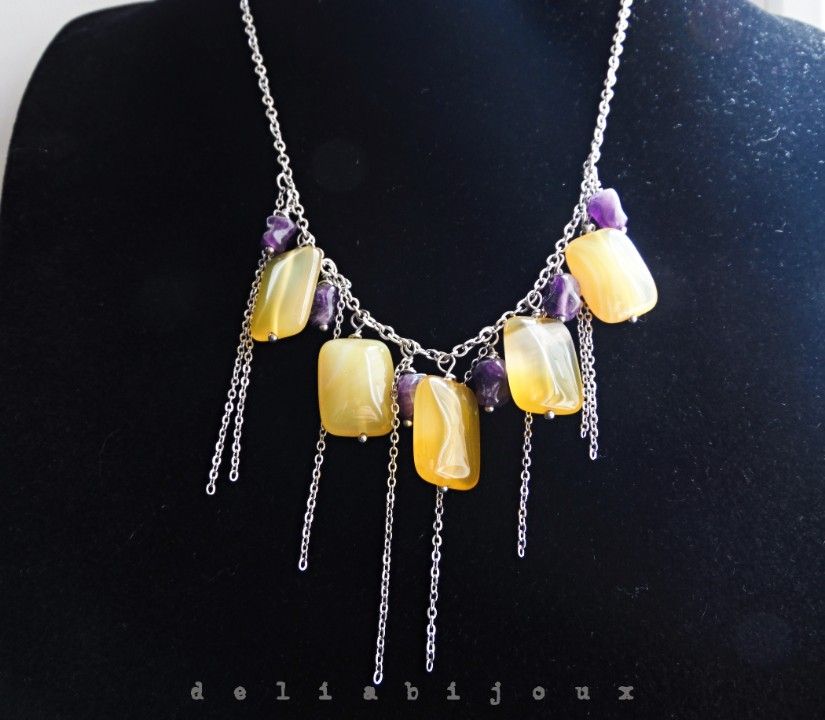 Colier Handmade cu Agate Galbene și Ametist Natural Colier Statement din Inox cu Pietre Semiprețioase (cod1445)
