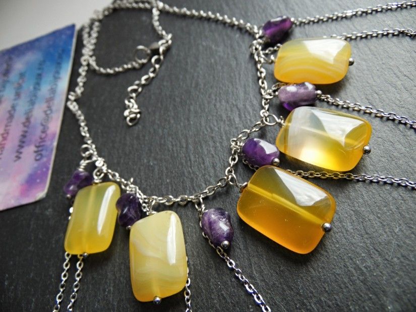 Colier Handmade cu Agate Galbene și Ametist Natural Colier Statement din Inox cu Pietre Semiprețioase (cod1445)