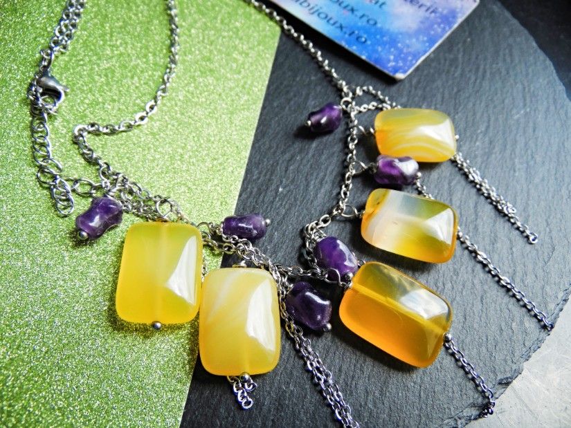 Colier Handmade cu Agate Galbene și Ametist Natural Colier Statement din Inox cu Pietre Semiprețioase (cod1445)