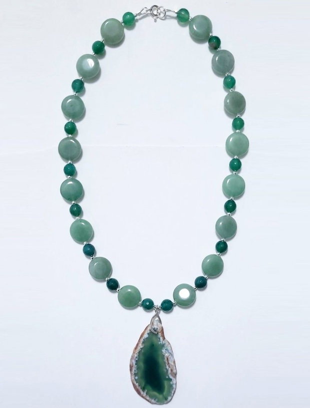 Colier argint 925 cu agat verde, aventurin si hematit