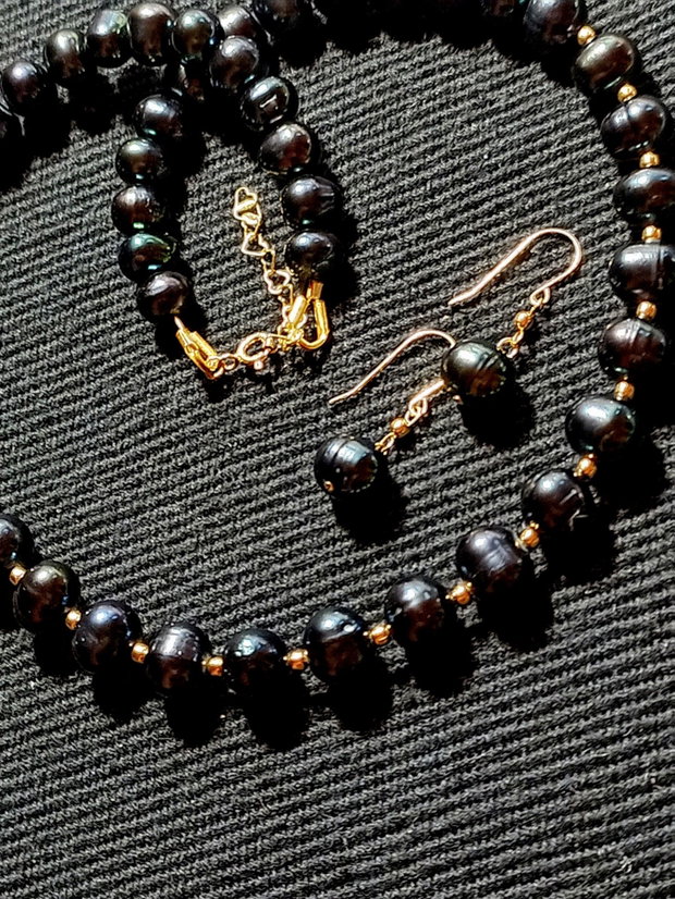 Set vermeil perle naturale de cultura negre colier cercei clasic trendy