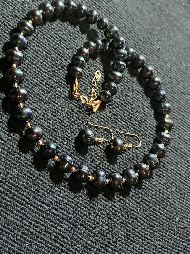 Set vermeil perle naturale de cultura negre colier cercei clasic trendy