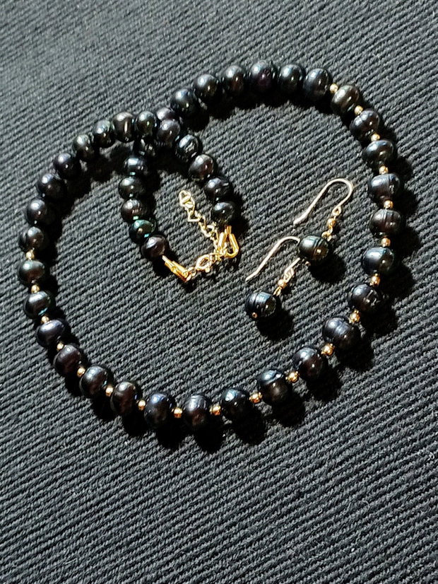 Set vermeil perle naturale de cultura negre colier cercei clasic trendy