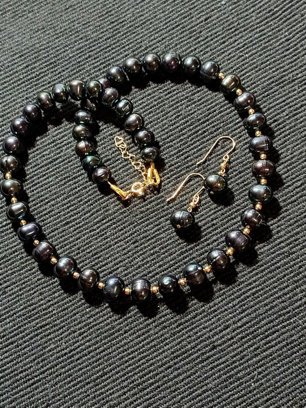 Set vermeil perle naturale de cultura negre colier cercei clasic trendy