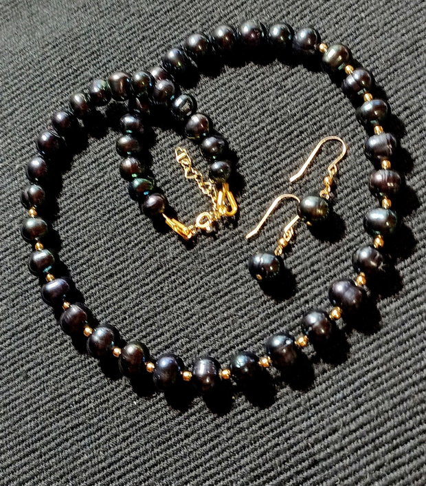 Set vermeil perle naturale de cultura negre colier cercei clasic trendy