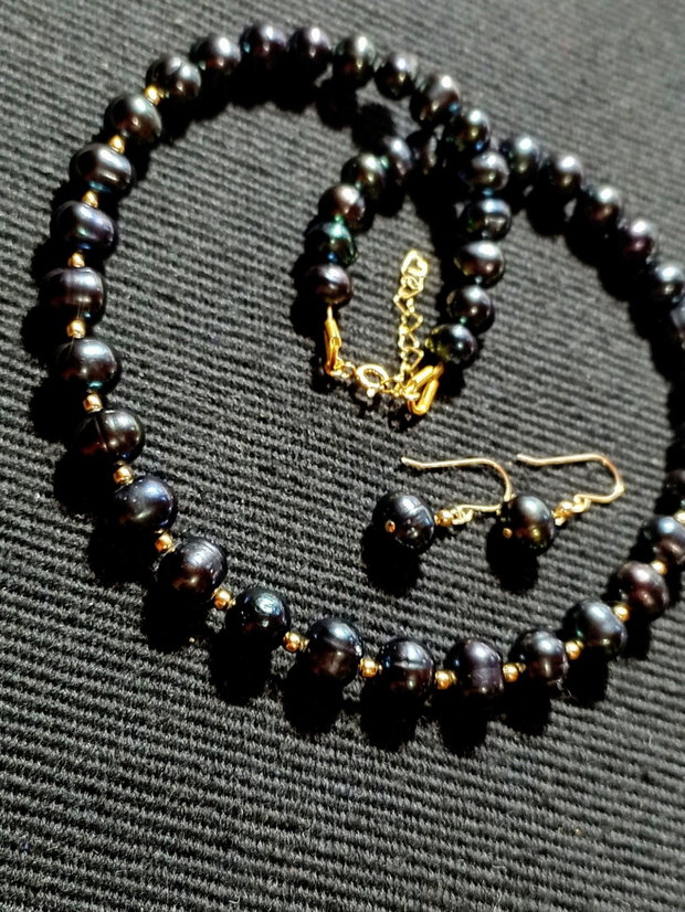 Set vermeil perle naturale de cultura negre colier cercei clasic trendy
