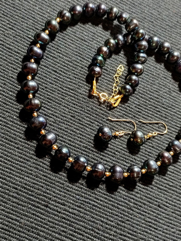 Set vermeil perle naturale de cultura negre colier cercei clasic trendy