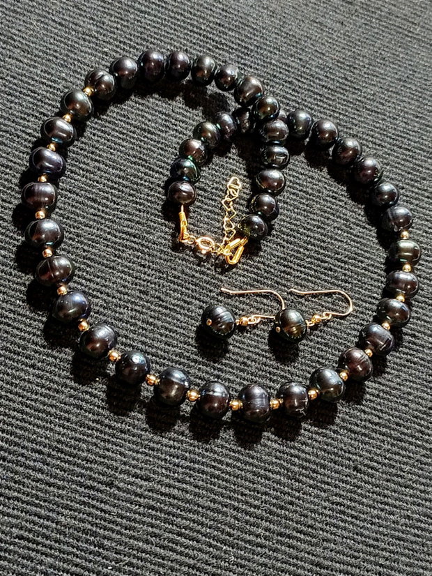Set vermeil perle naturale de cultura negre colier cercei clasic trendy