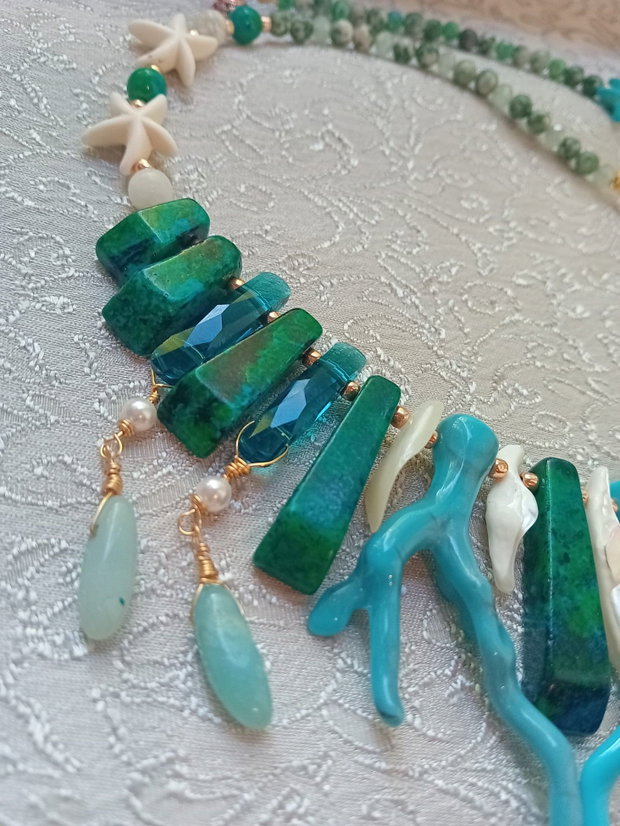 Colier crysocolla,amazonit,sidef,agate ,cristale swarovski,howlite