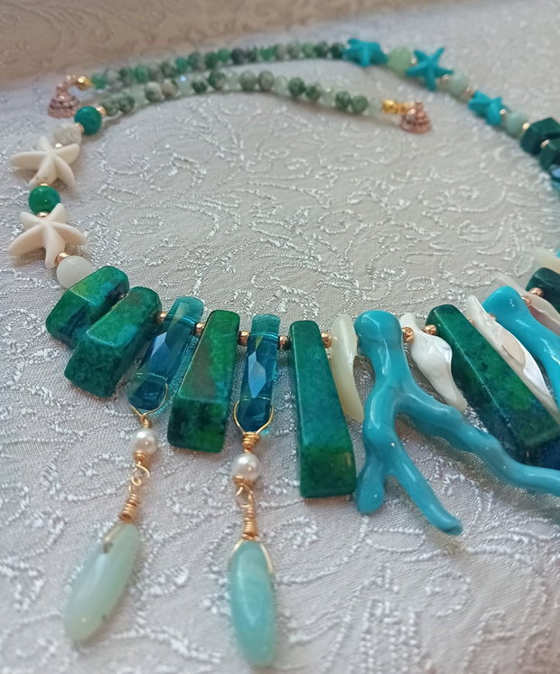 Colier crysocolla,amazonit,sidef,agate ,cristale swarovski,howlite