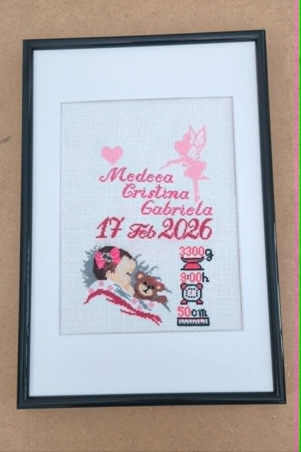 Tablou cu broderie manuala-nastere copil