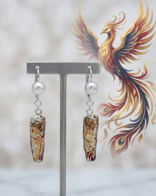 Cercei unicat, atarnatori, din argint pur, cu pasari phoenix patinate si perle de cultura albe