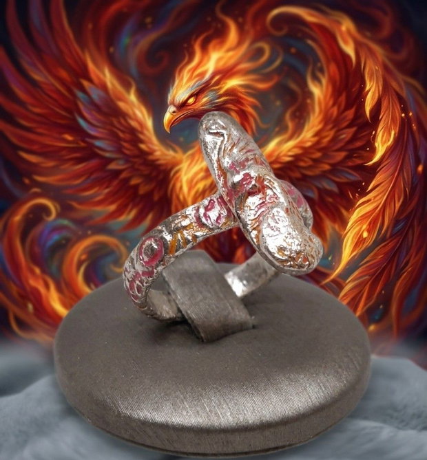 Inel unicat din argint pur, texturat, cu un cap de phoenix patinat