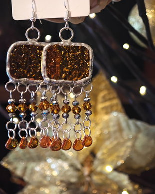 Cercei unicat lungi aurii din mărgele sticla Cehia, sticla și cristale Swarovski