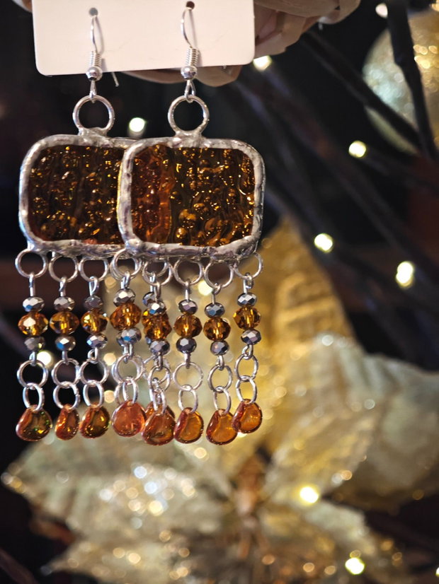 Cercei unicat lungi aurii din mărgele sticla Cehia, sticla și cristale Swarovski