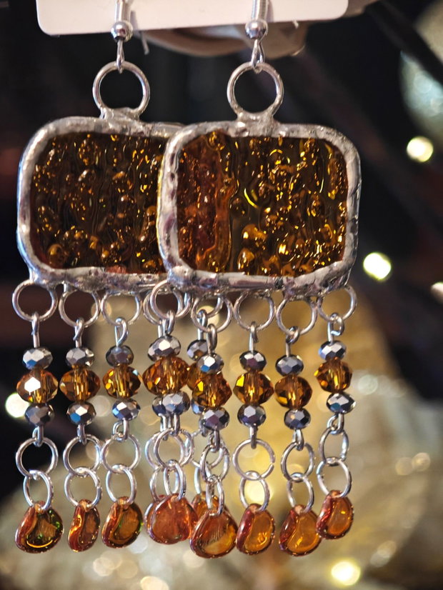 Cercei unicat lungi aurii din mărgele sticla Cehia, sticla și cristale Swarovski