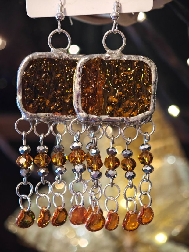 Cercei unicat lungi aurii din mărgele sticla Cehia, sticla și cristale Swarovski