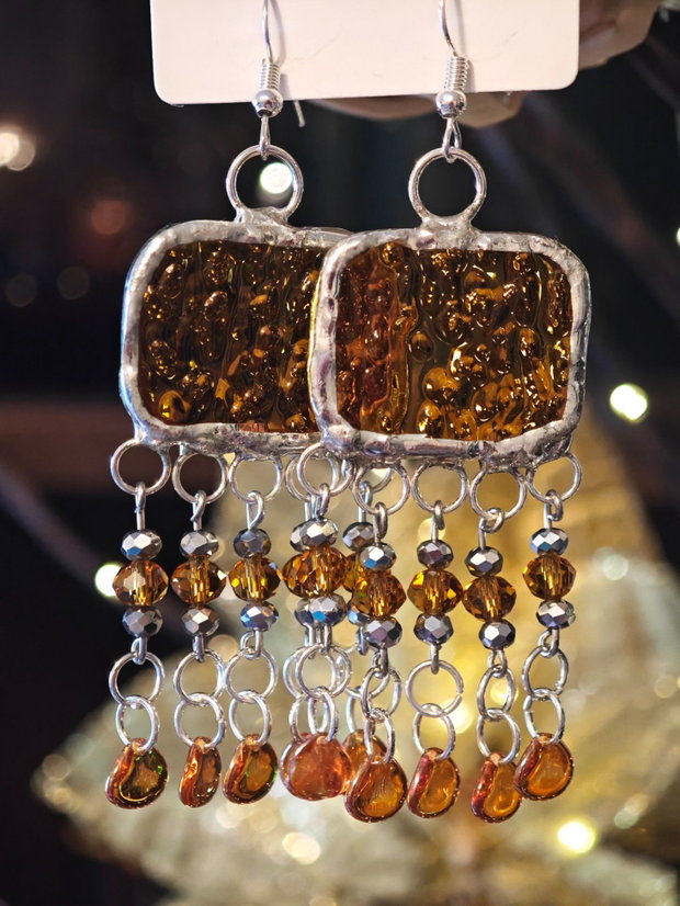 Cercei unicat lungi aurii din mărgele sticla Cehia, sticla și cristale Swarovski