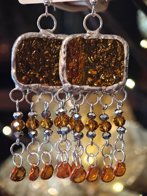 Cercei unicat lungi aurii din mărgele sticla Cehia, sticla și cristale Swarovski