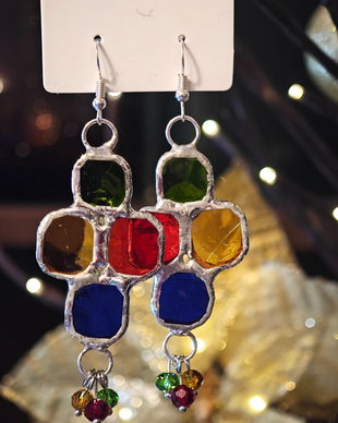 Cercei unicat sticla și cristale Swarovski tehnica vitraliu