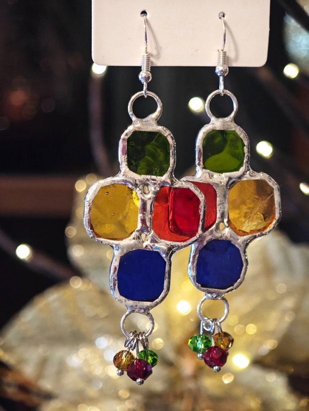 Cercei unicat sticla și cristale Swarovski tehnica vitraliu