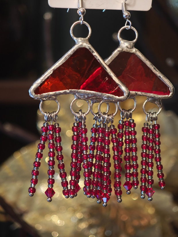 Cercei unicat sticla și cristale Swarovski tehnica vitraliu