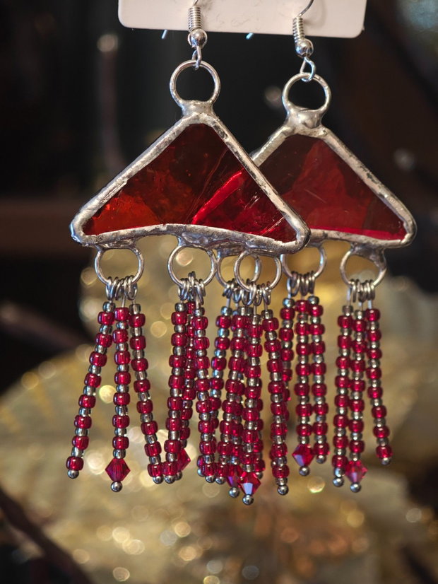 Cercei unicat sticla și cristale Swarovski tehnica vitraliu