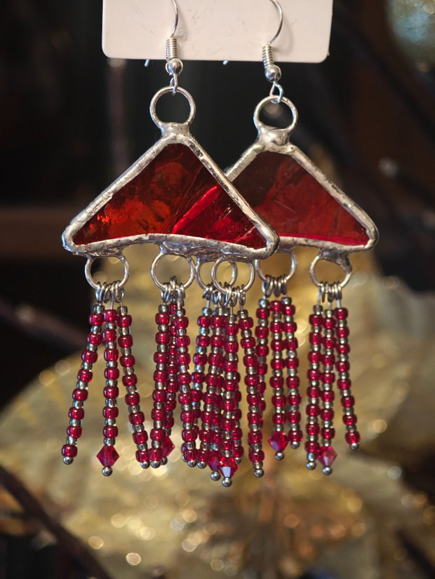 Cercei unicat sticla și cristale Swarovski tehnica vitraliu