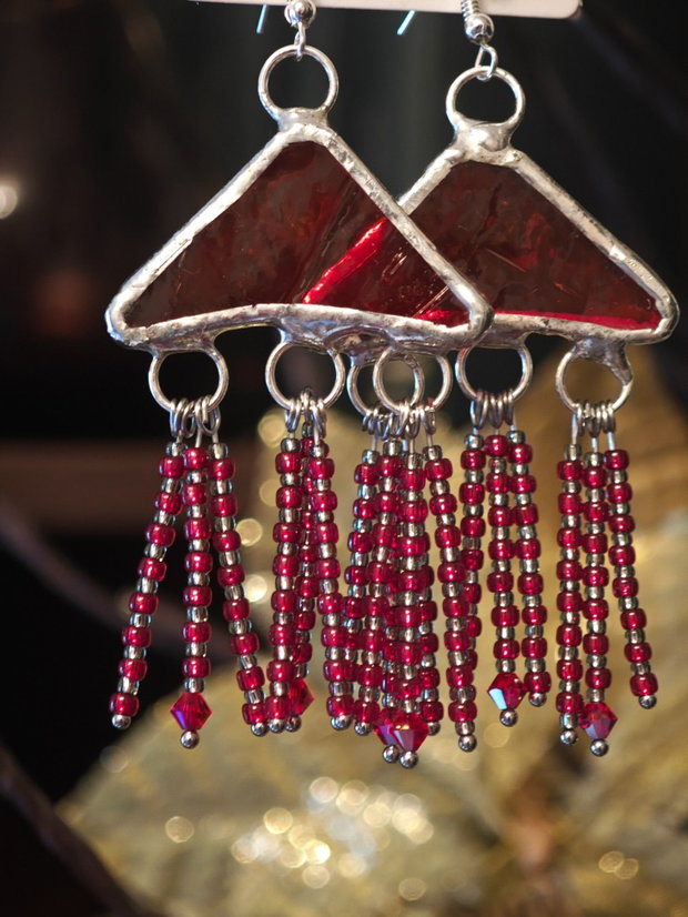 Cercei unicat sticla și cristale Swarovski tehnica vitraliu