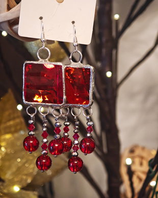 Cercei unicat sticla, mărgele sticla și cristale Swarovski tehnica vitraliu