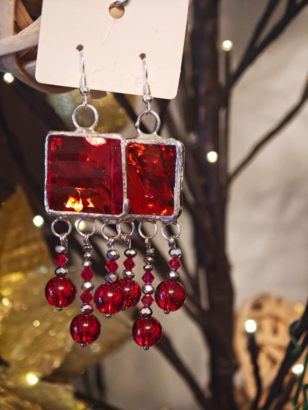 Cercei unicat sticla, mărgele sticla și cristale Swarovski tehnica vitraliu