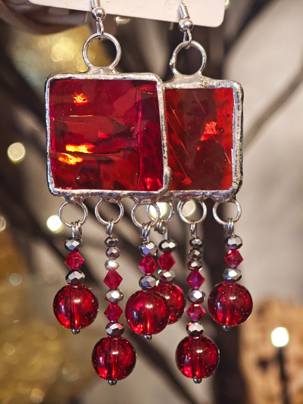 Cercei unicat sticla, mărgele sticla și cristale Swarovski tehnica vitraliu