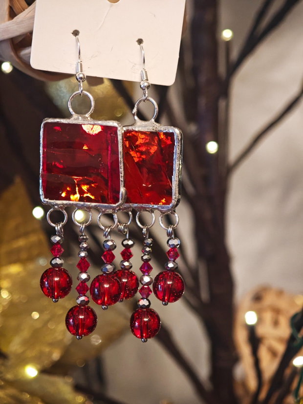 Cercei unicat sticla, mărgele sticla și cristale Swarovski tehnica vitraliu